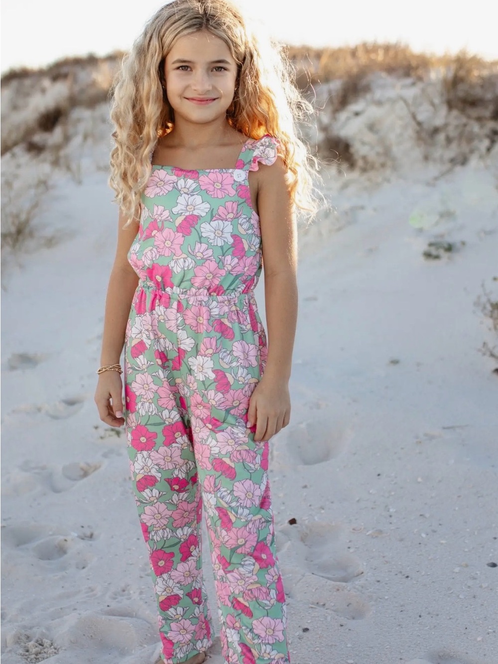 Adorable Sweetness Kids Mint & Pink Flower Button Ruffle Summer Pocket Jumpsuit